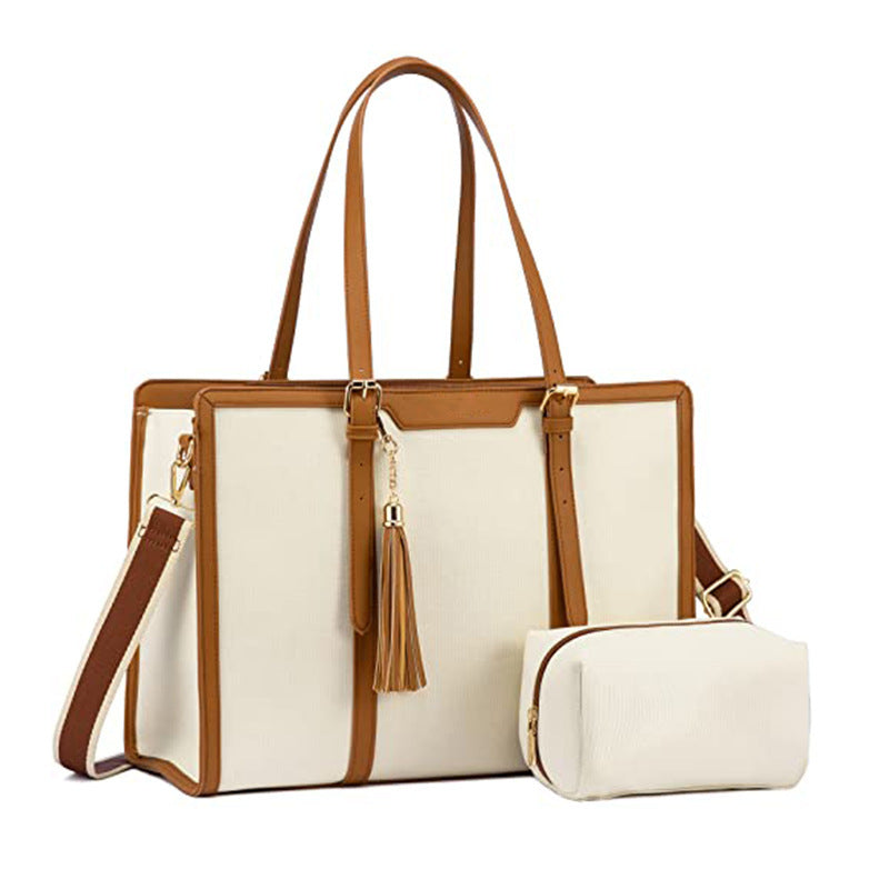 Graceful Bloom Laptop Tote – Vegan Leather Work Bag - Brown White/Beige image