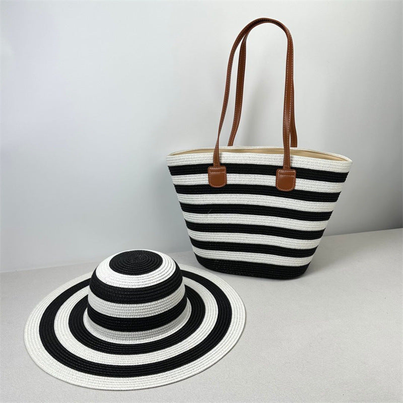 Coastal Dream Duo – Straw Hat & Tote - Black Zebra Stripes image