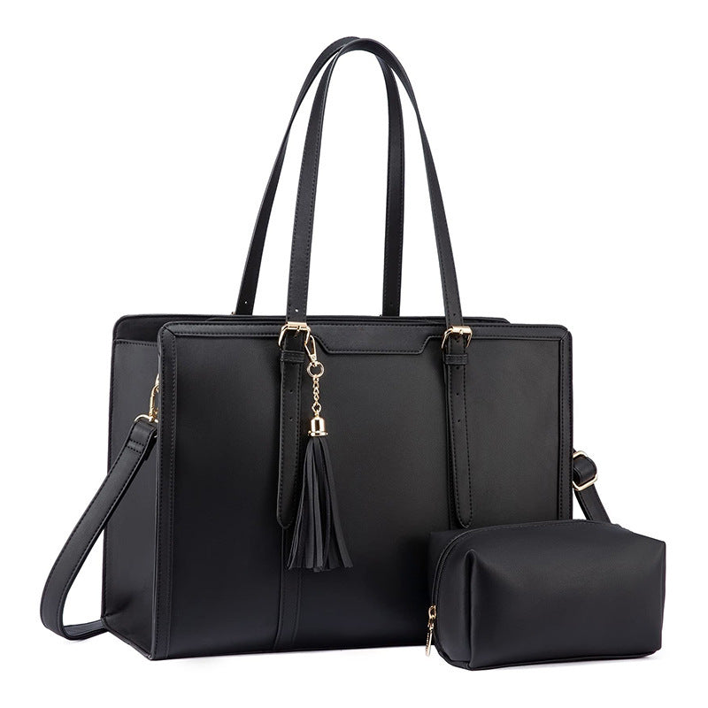 Graceful Bloom Laptop Tote – Vegan Leather Work Bag - Black image